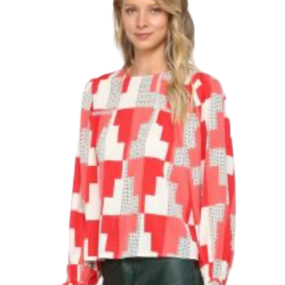 🎬FATE Red and White Graphic Blouse long sleeve size M GUC